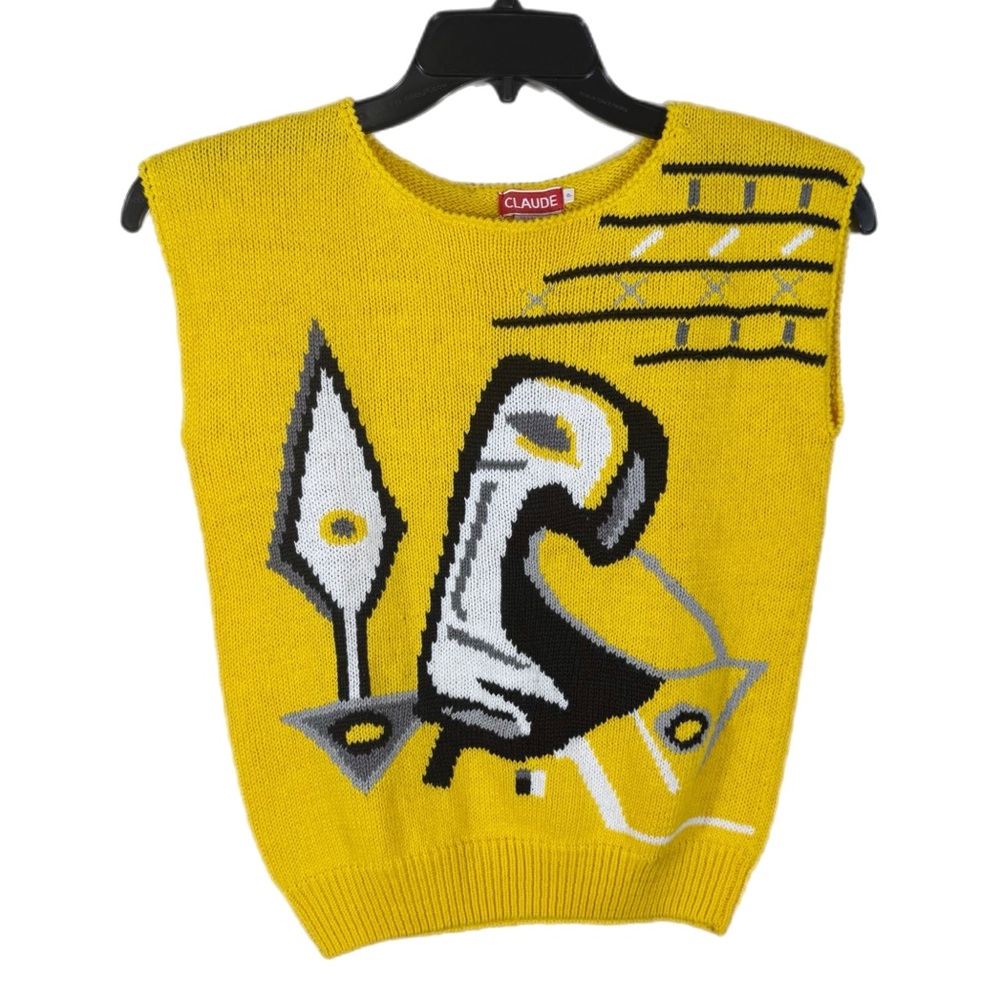 80’s 90’s Vintage Abstract Cotton Ramie Sweater Vest S Petite Yellow Dopamine